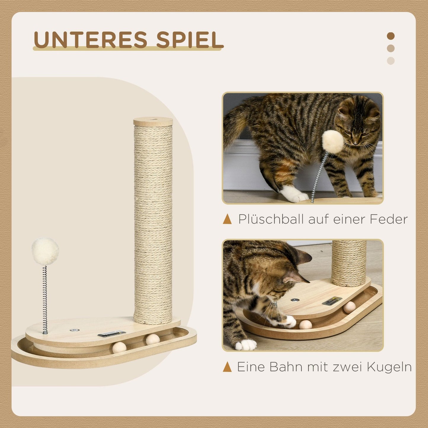 Cat scratching post with wooden ball toy, 40 cm, natural