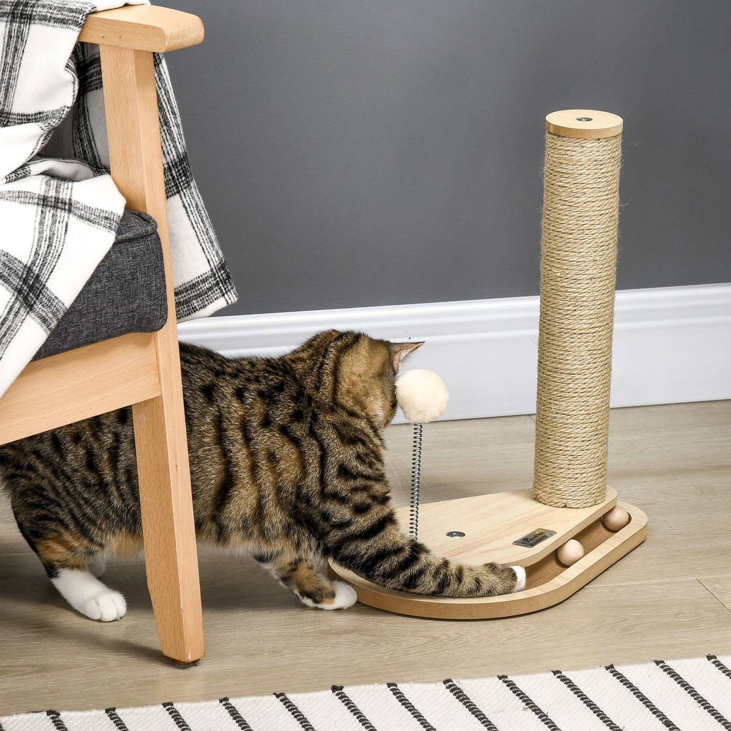 Cat scratching post with wooden ball toy, 40 cm, natural