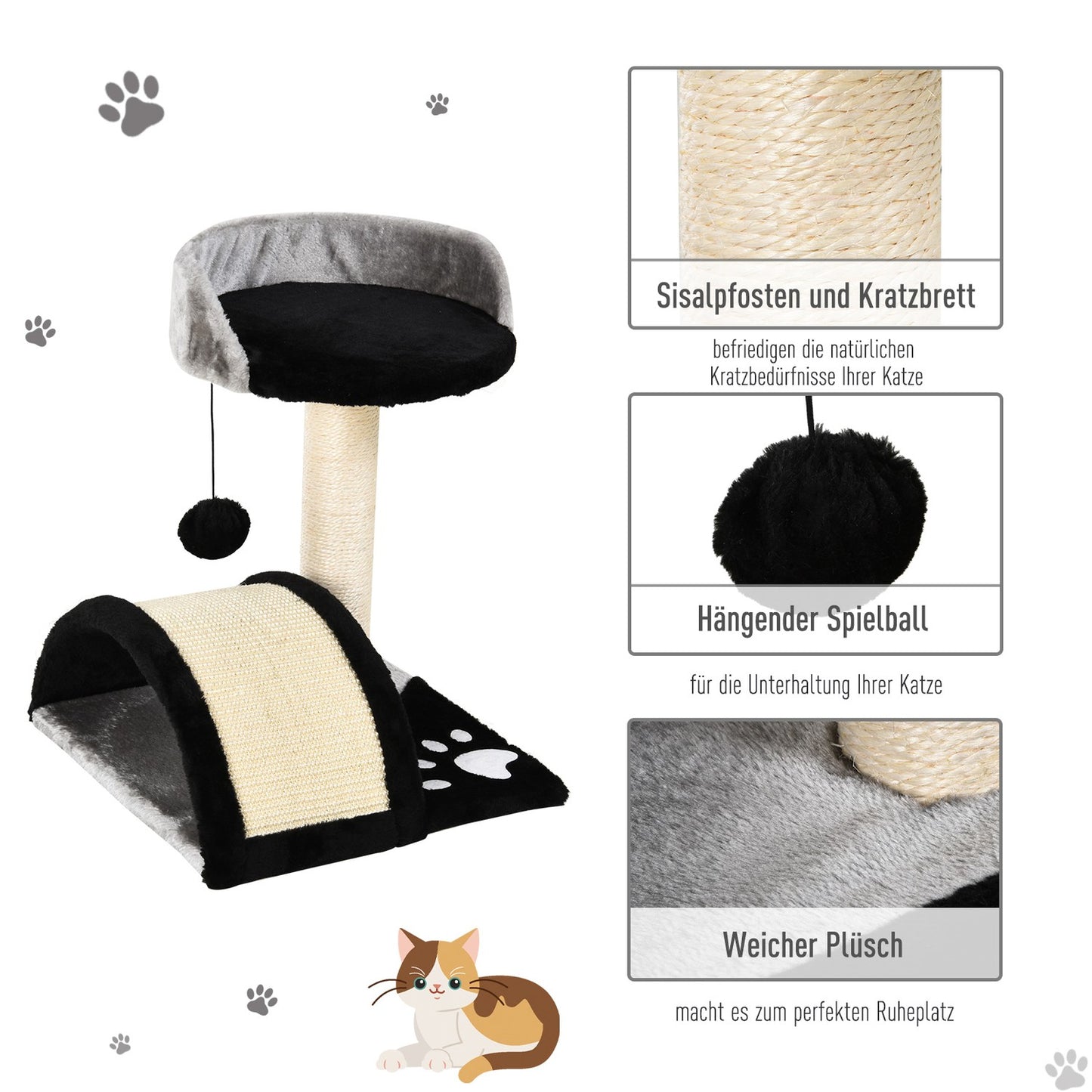 Cat scratching post with sisal, play balls, black, 35.5x37x46 cm