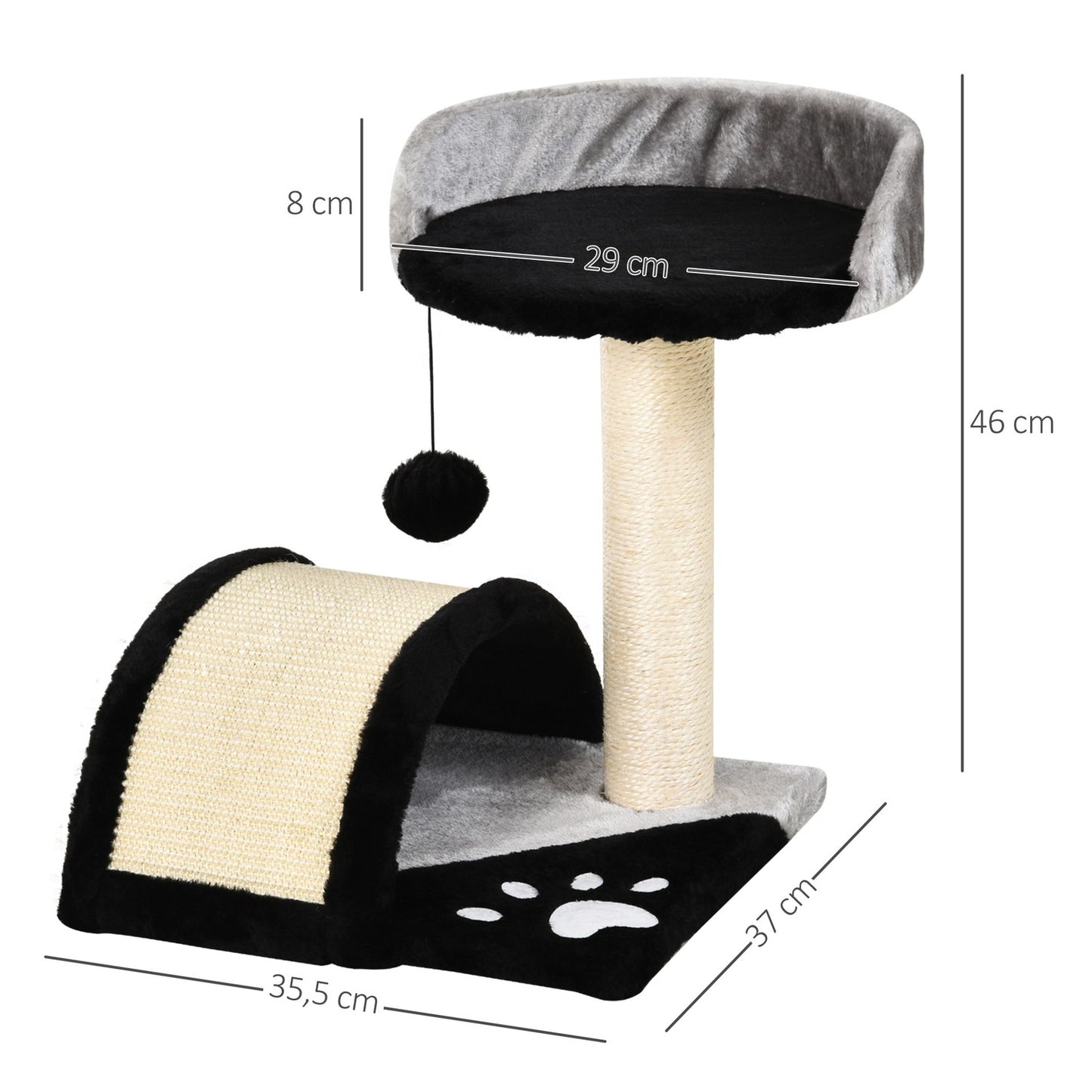 Cat scratching post with sisal, play balls, black, 35.5x37x46 cm