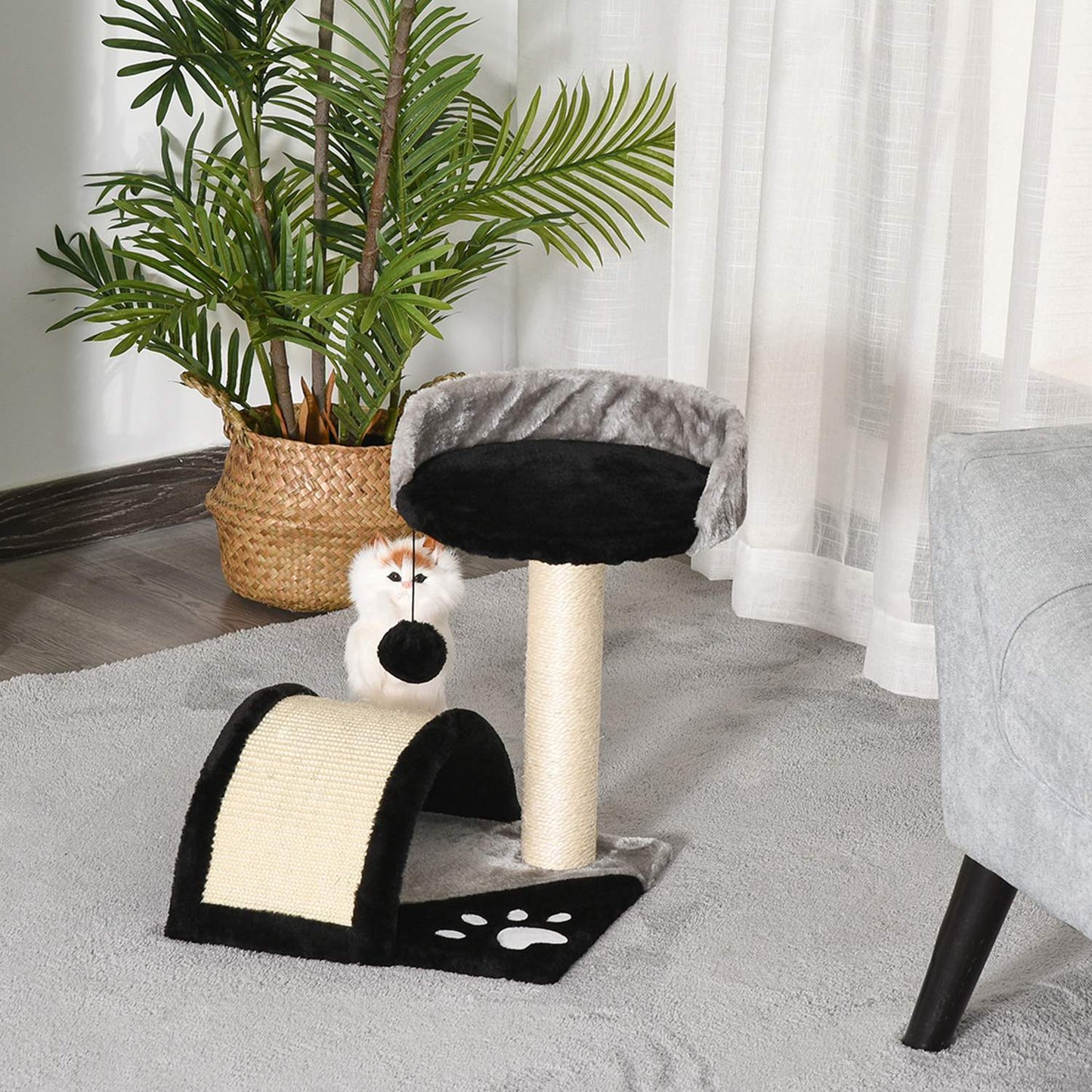 Cat scratching post with sisal, play balls, black, 35.5x37x46 cm