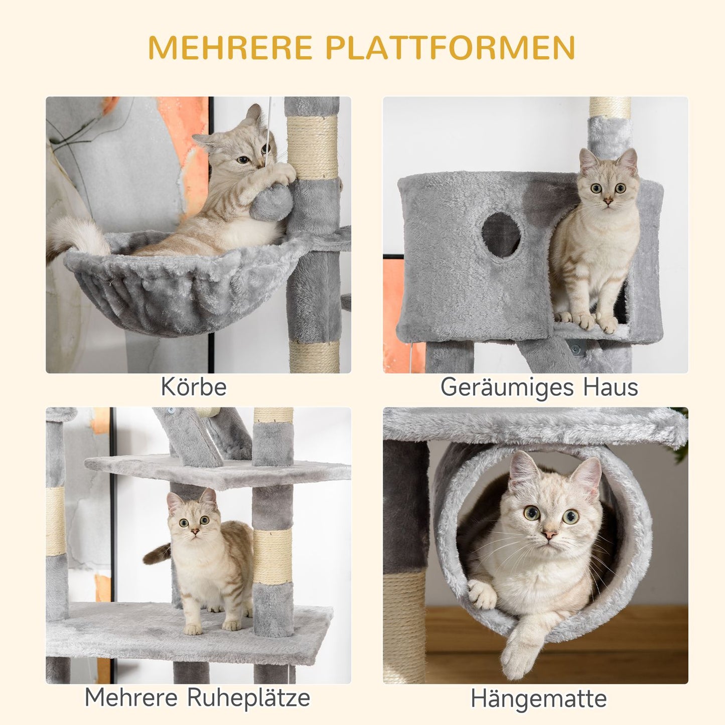 Cat tree with high ceiling with sisal, 60x45x240-260cm, gray