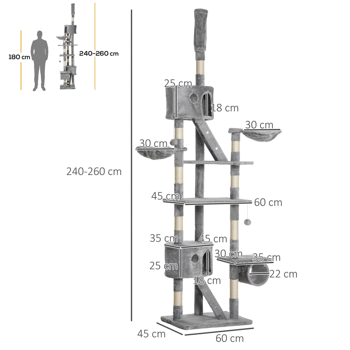 Cat tree with high ceiling with sisal, 60x45x240-260cm, gray