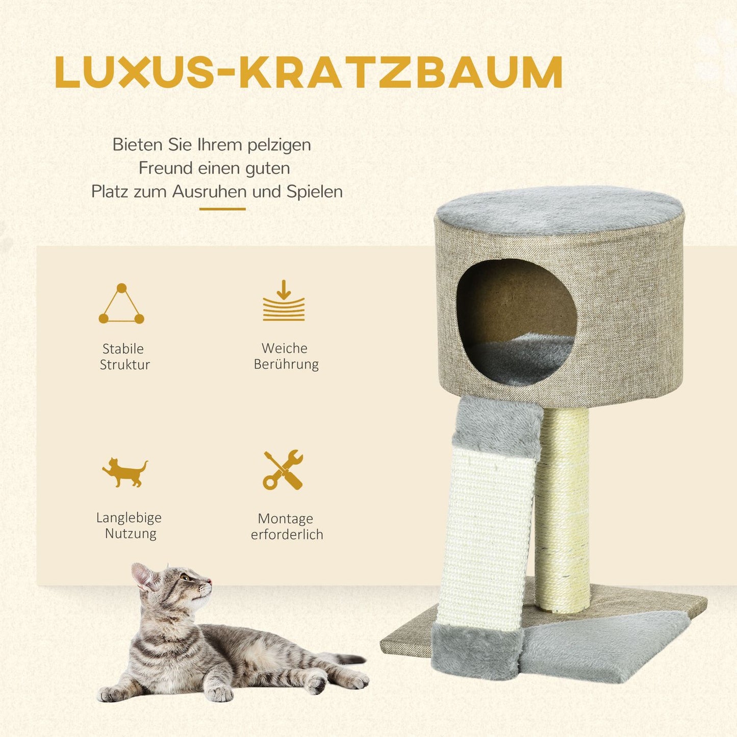 Cat Scratching Tree With Play Ball, Grey, 30x30x50 cm