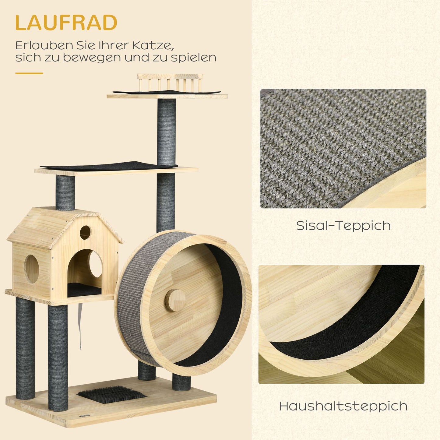 Cat Scratching House on wheels, sisal, pine, 4 floors