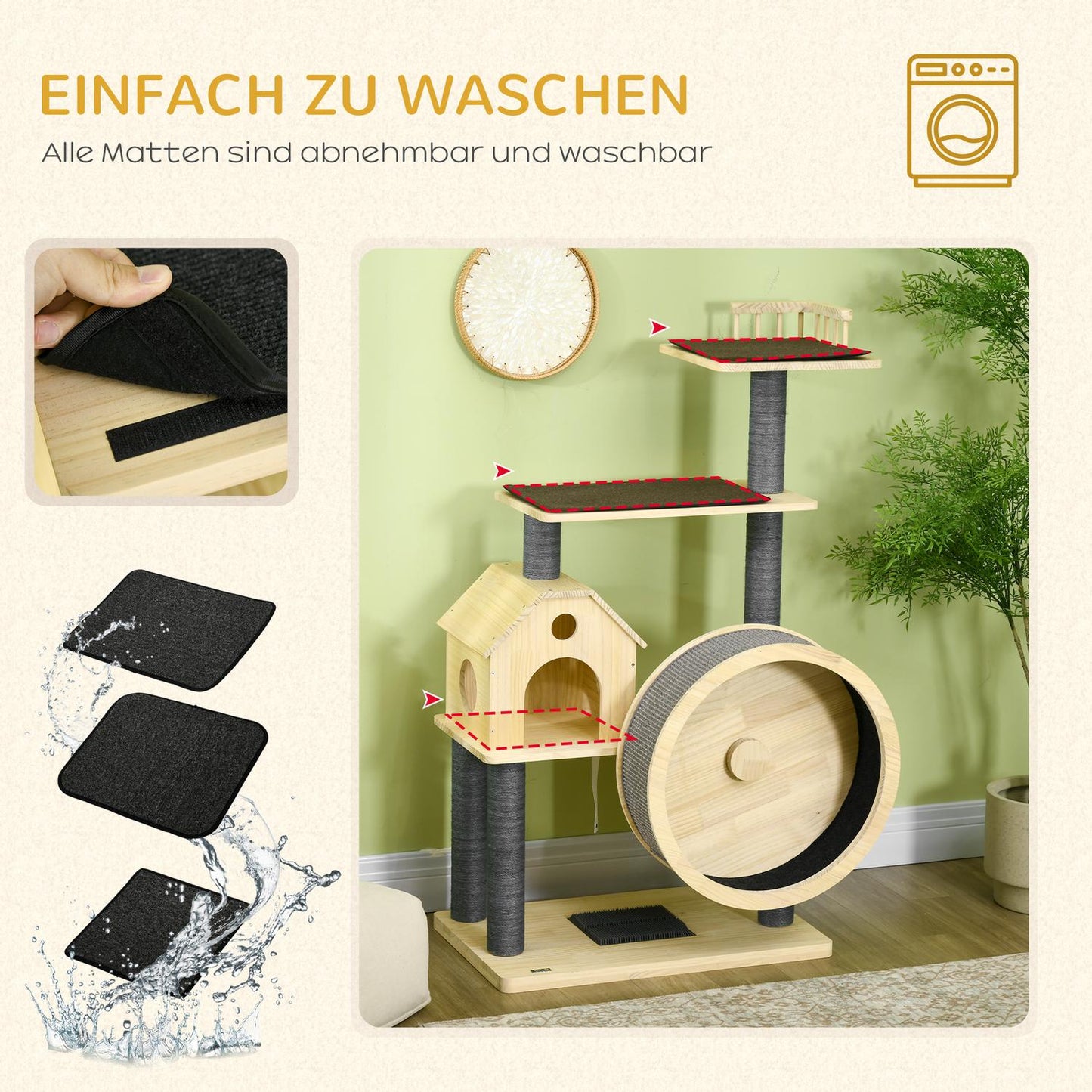 Cat Scratching House on wheels, sisal, pine, 4 floors
