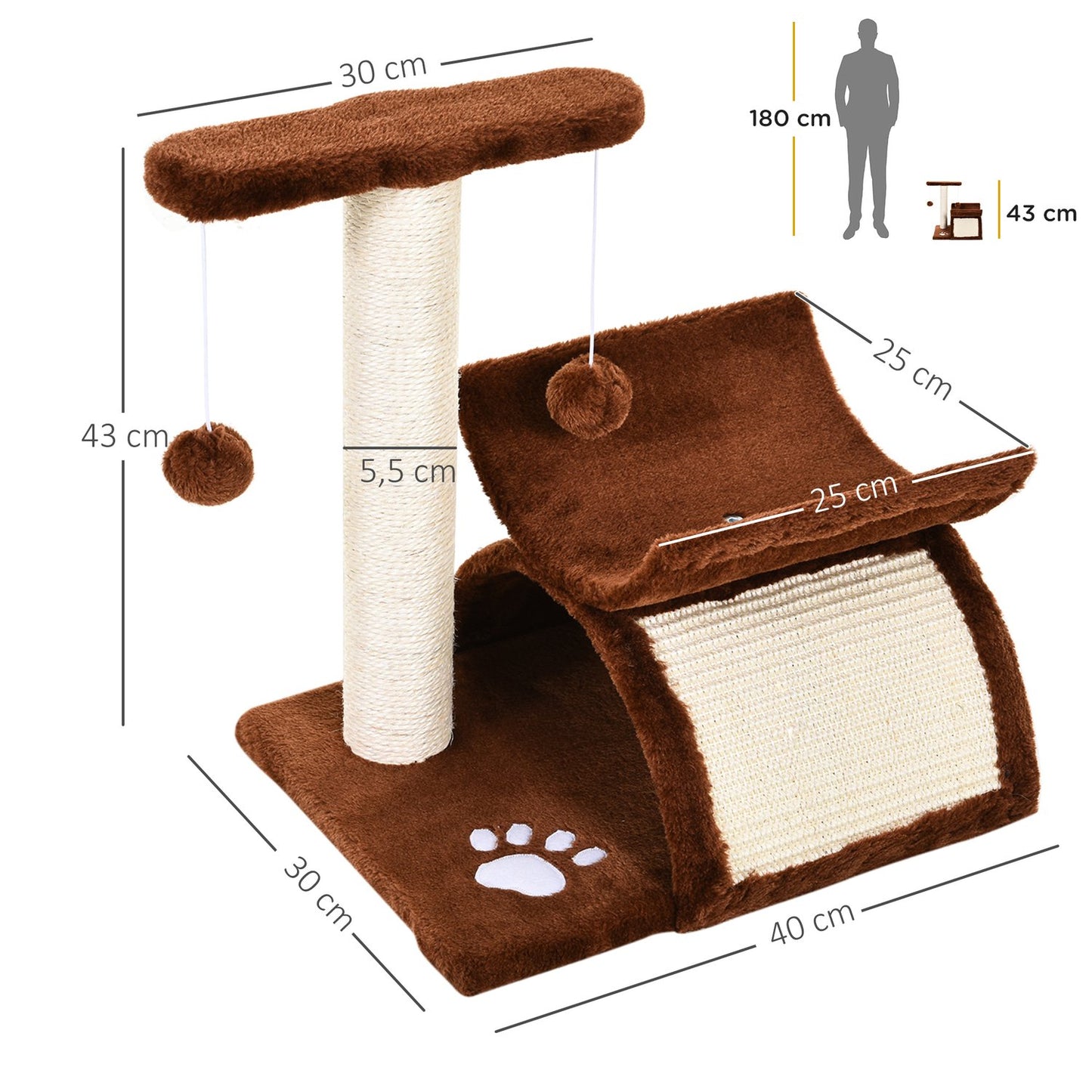 Cat scratching post with play ball, brown, 40x30x43 cm