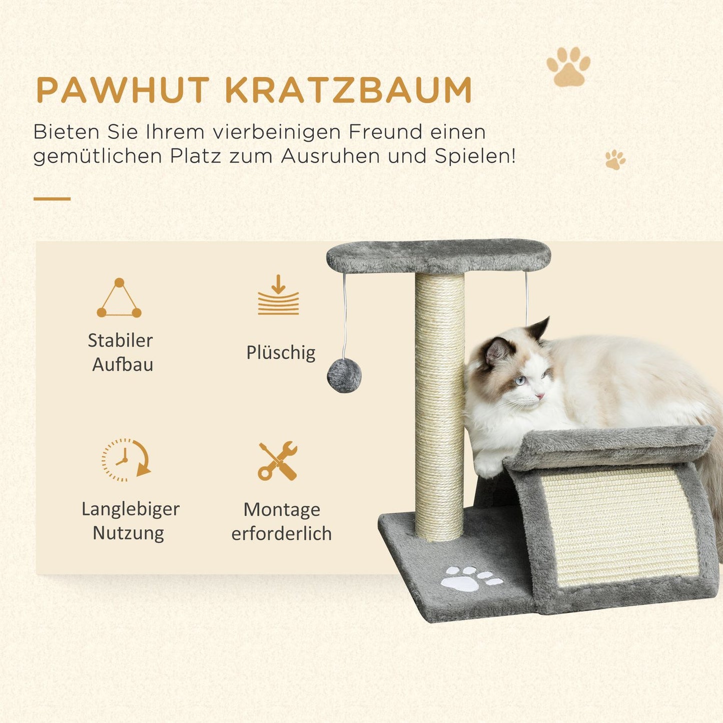 Cat scratching post with play ball, 40x30x43 cm, light grey