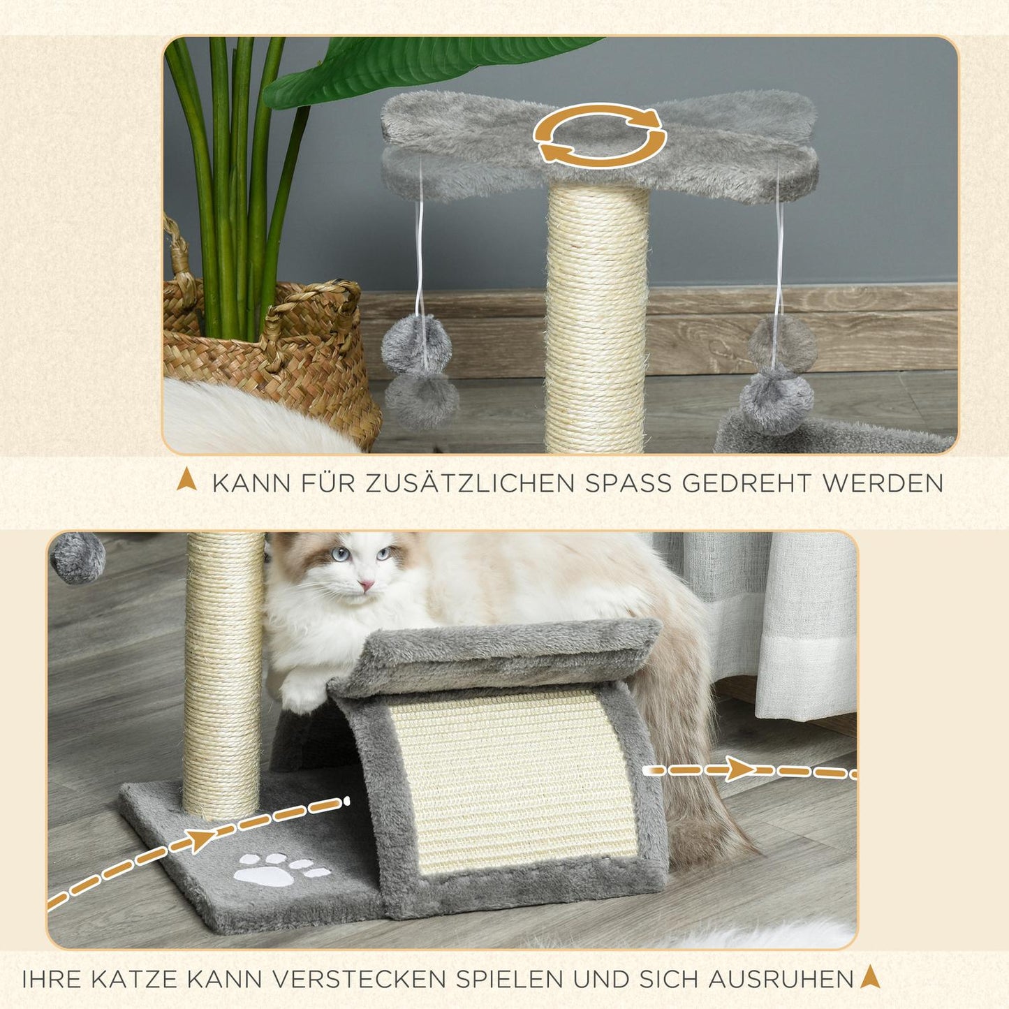 Cat scratching post with play ball, 40x30x43 cm, light grey
