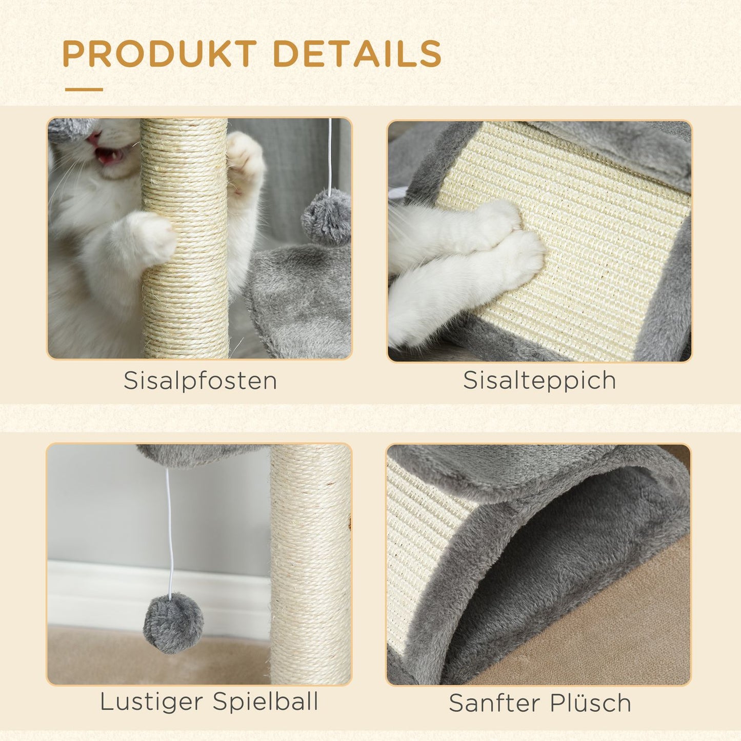 Cat scratching post with play ball, 40x30x43 cm, light grey