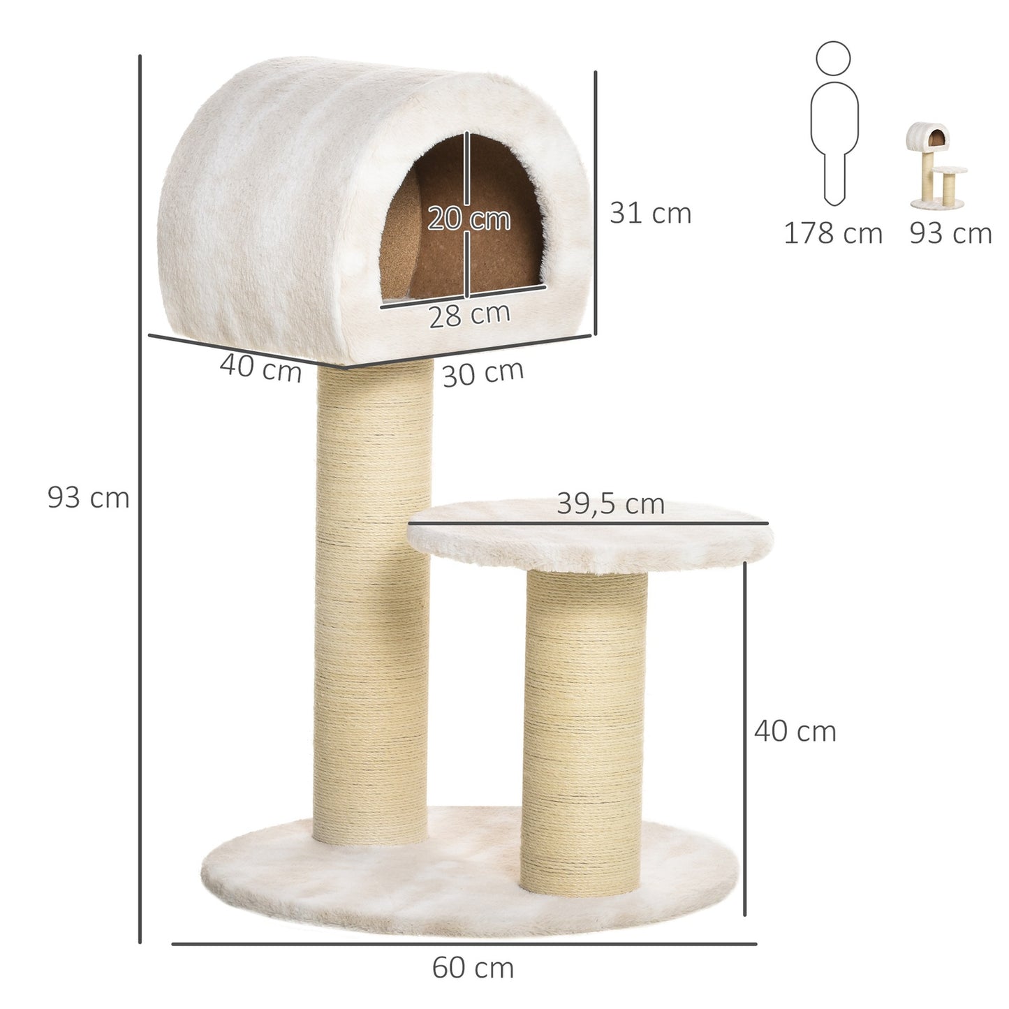 Cat scratching tree with sisal poles and play ball, 93 cm