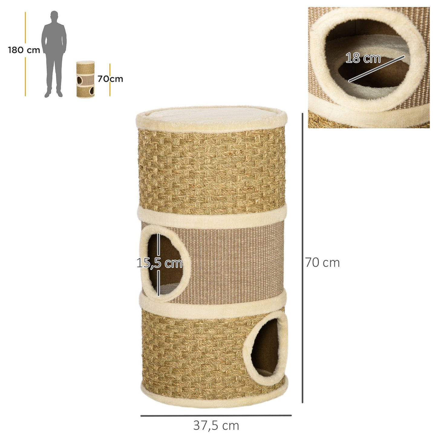 Cat Scratching Barrel, 3-Level Sisal Plush, 37.5x70 cm