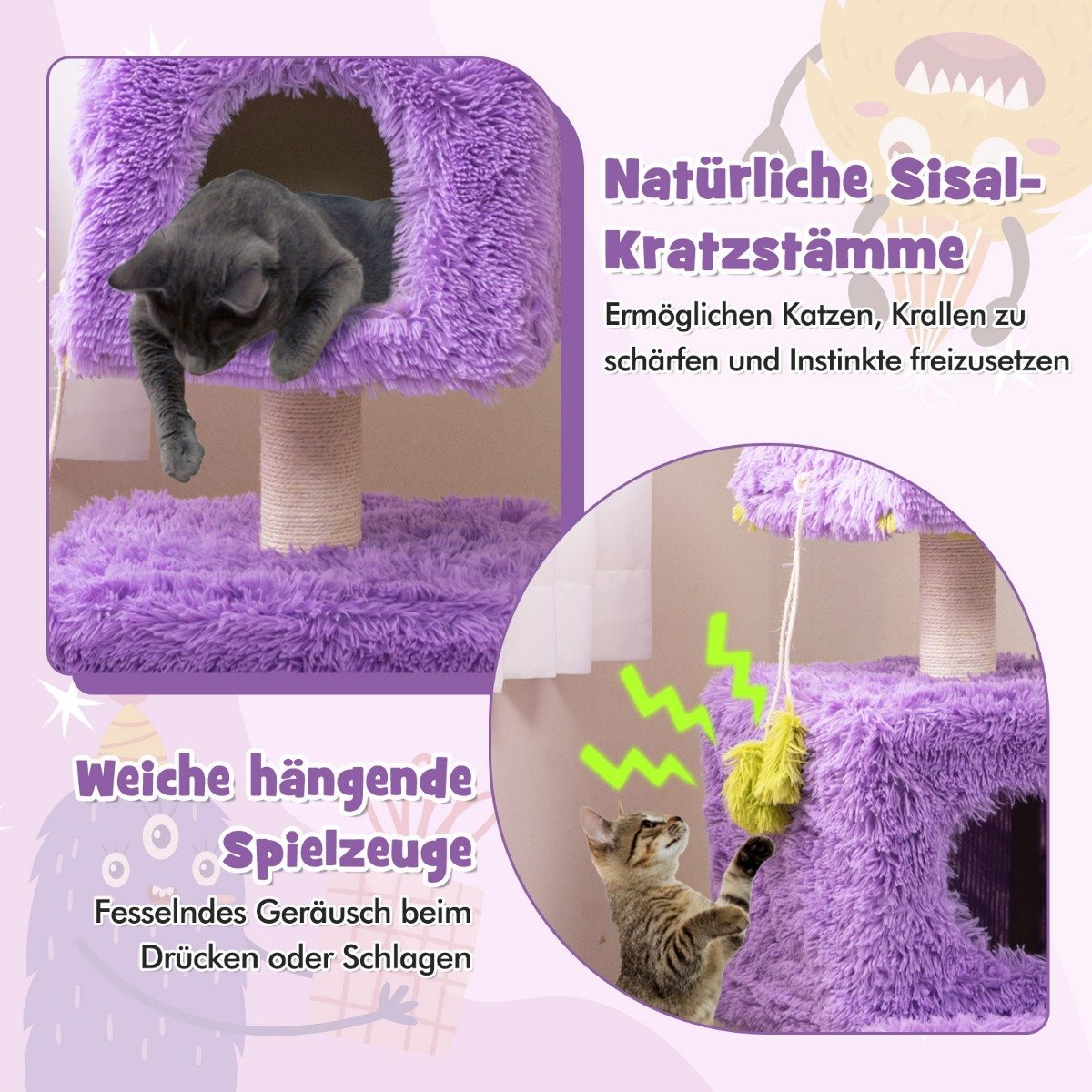 Cat Scratching Post Small 111cm Monster Theme Cat Tree with 2 Cat Caves & Removable Top Purple