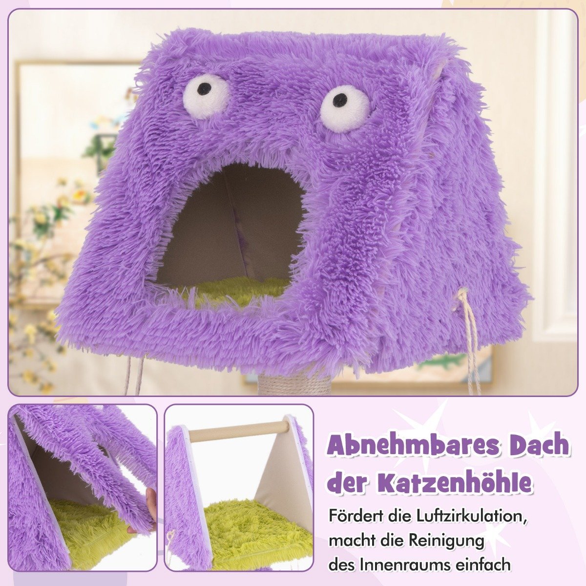 Cat Scratching Post Small 111cm Monster Theme Cat Tree with 2 Cat Caves & Removable Top Purple