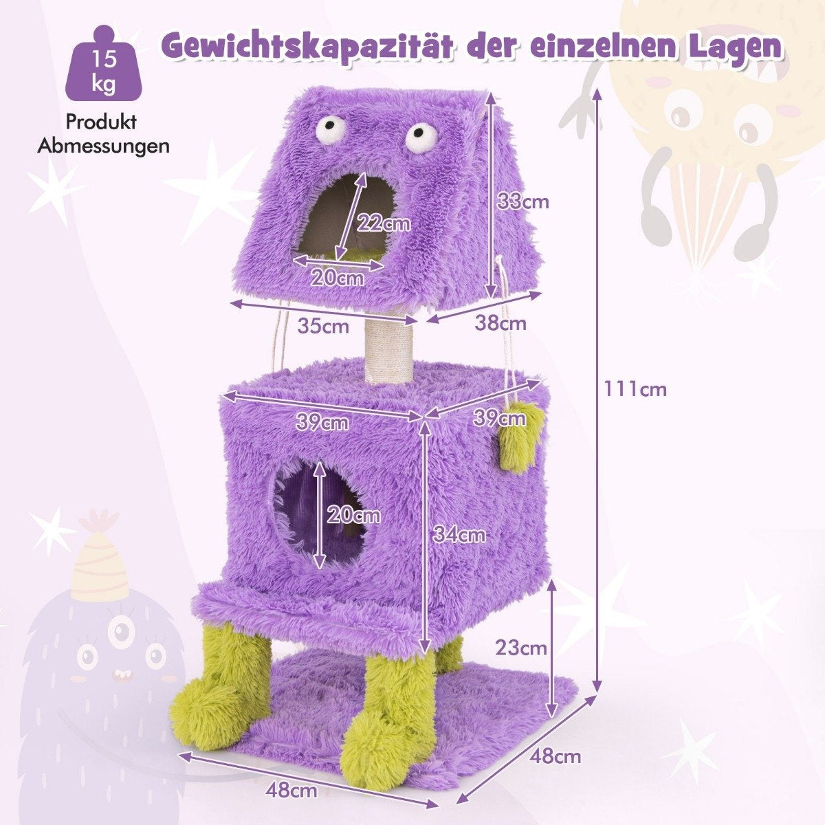 Cat Scratching Post Small 111cm Monster Theme Cat Tree with 2 Cat Caves & Removable Top Purple