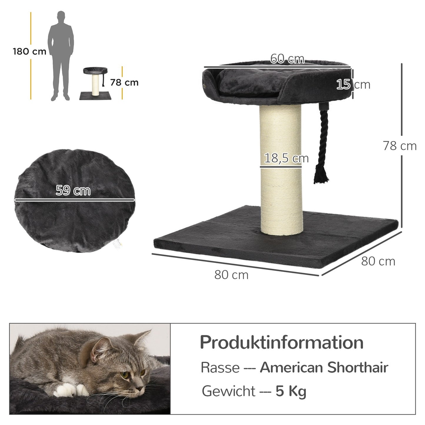 Cat scratching post with bed and sisal, 78 cm, grey