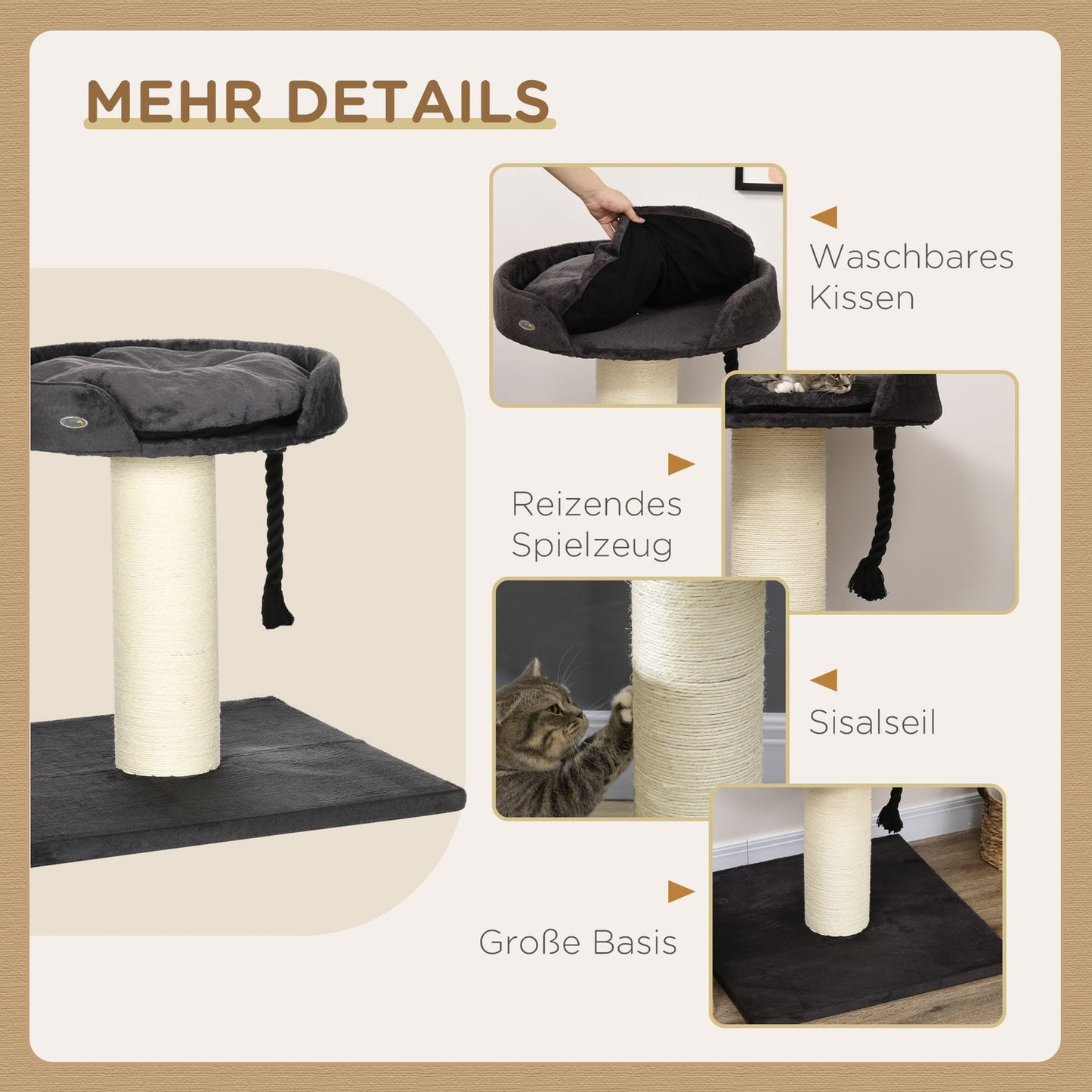 Cat scratching post with bed and sisal, 78 cm, grey