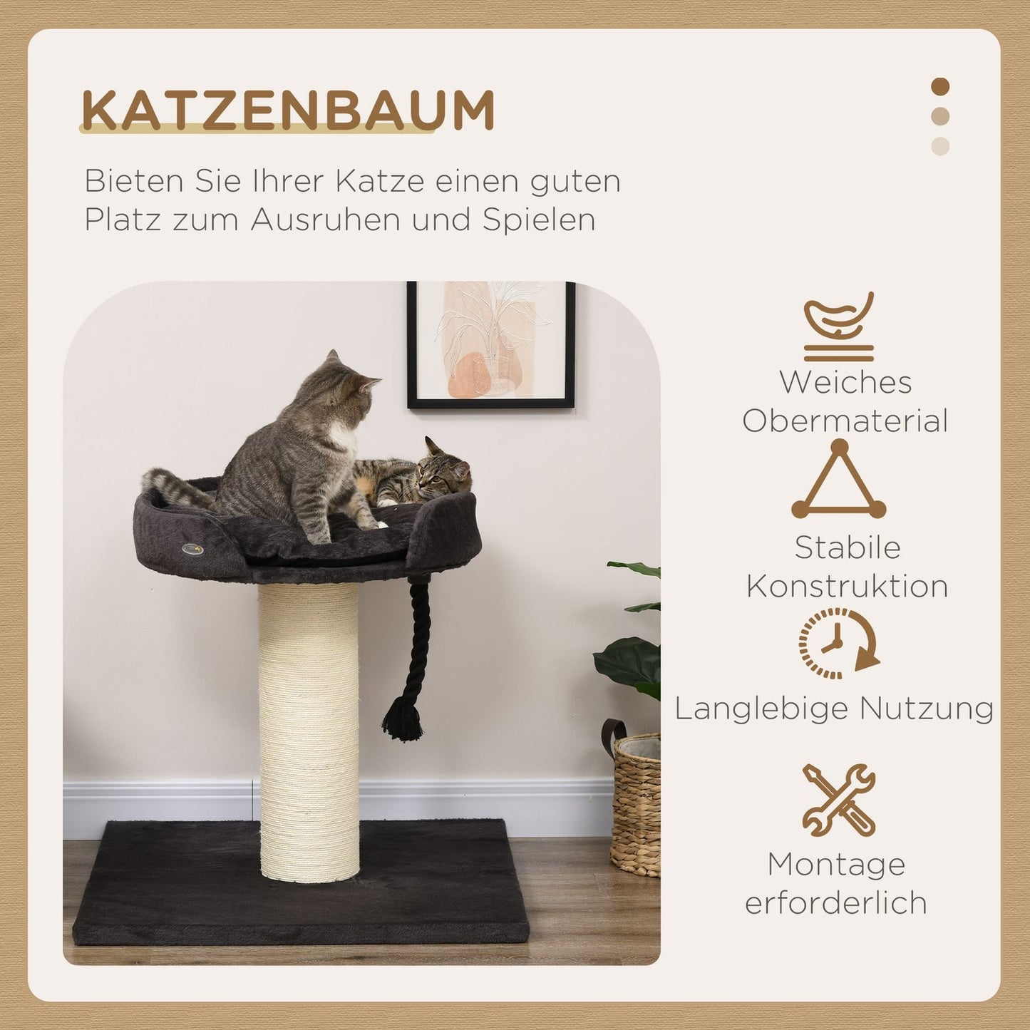 Cat scratching post with bed and sisal, 78 cm, grey