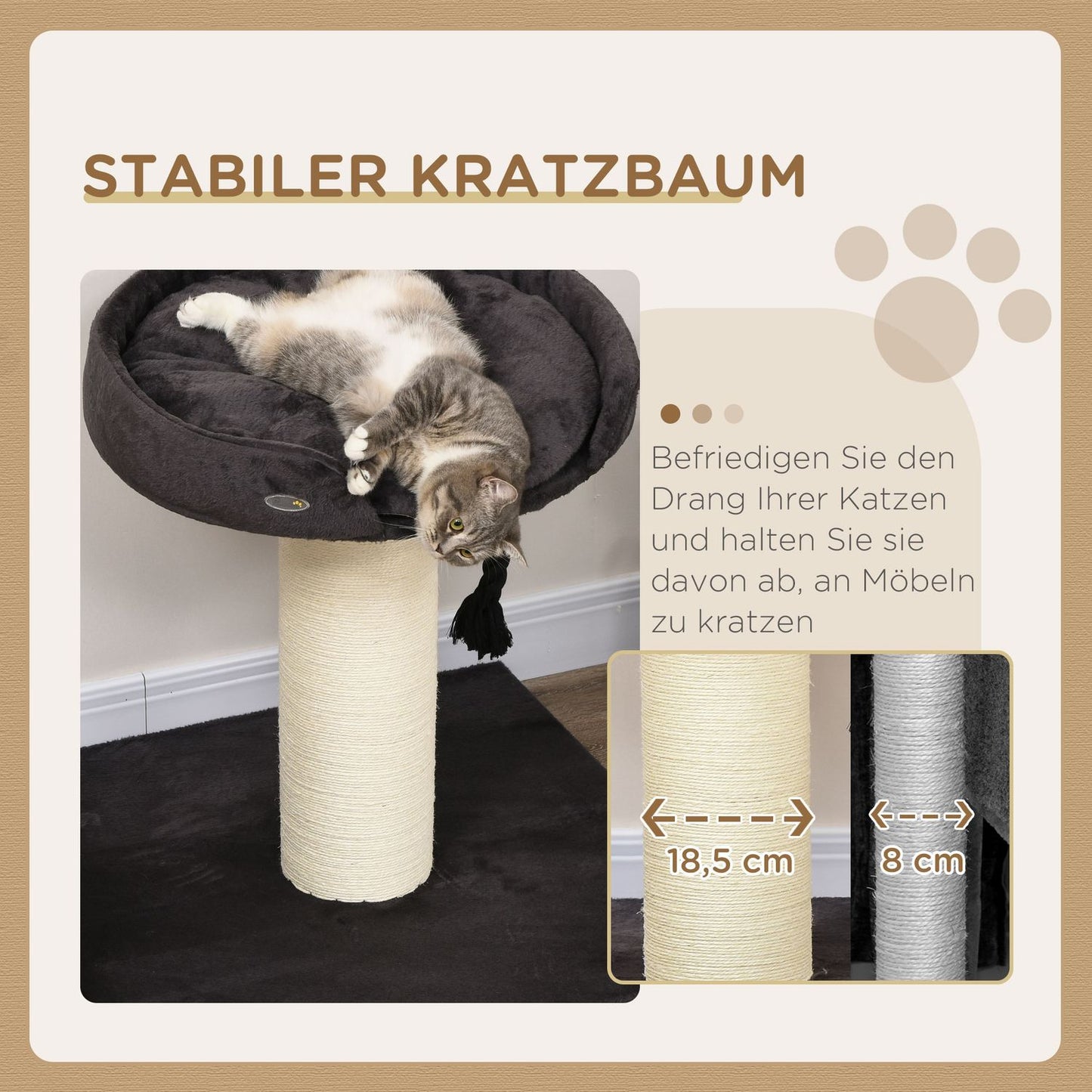 Cat scratching post with bed and sisal, 78 cm, grey