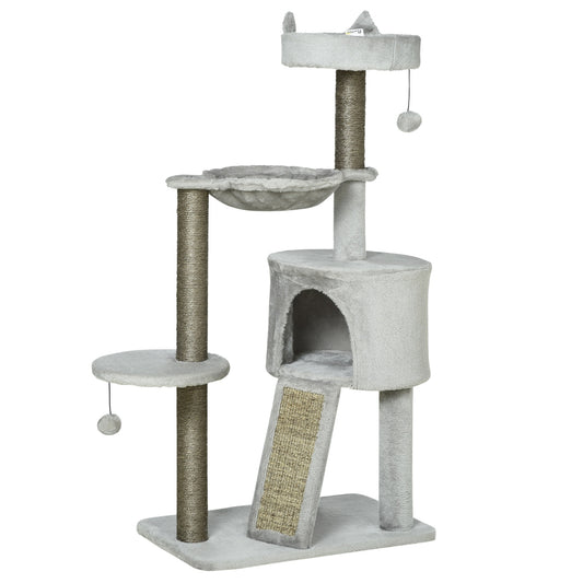Cat scratching tree with cave & sisal, 113 cm, light grey