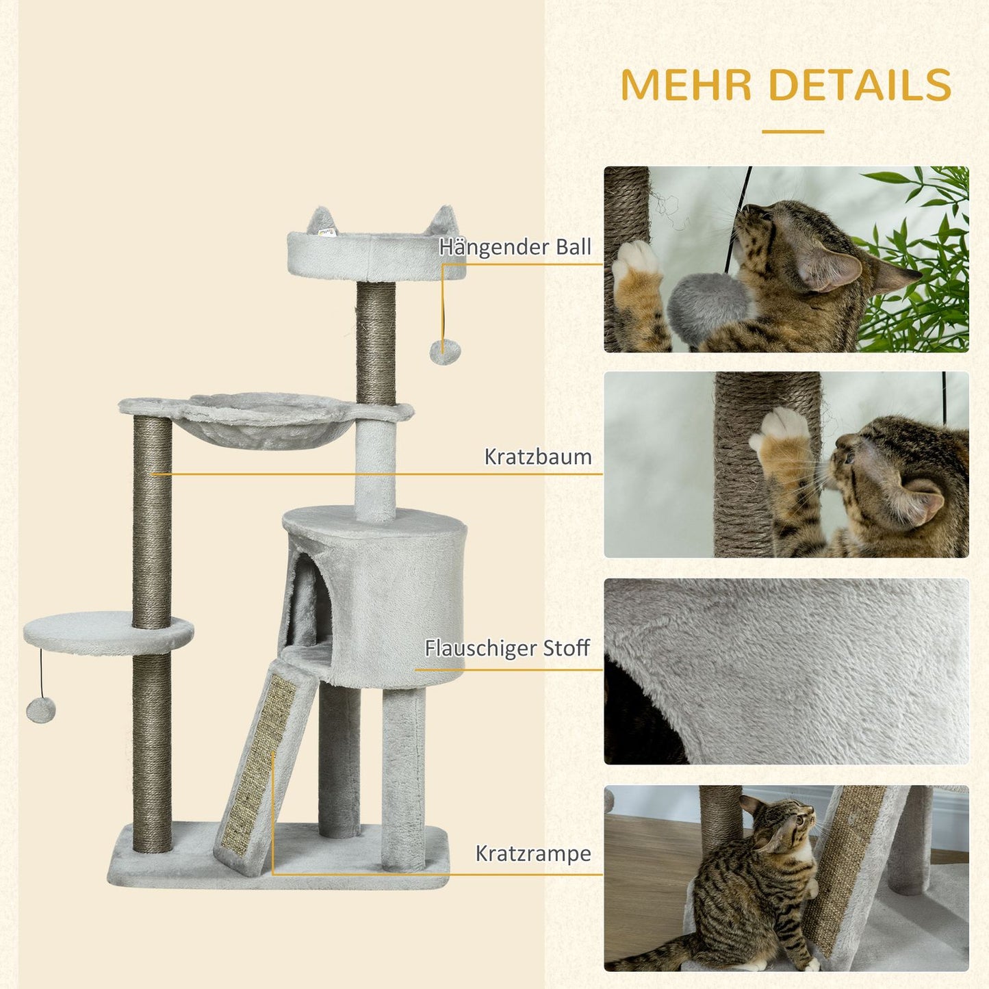 Cat scratching tree with cave & sisal, 113 cm, light grey