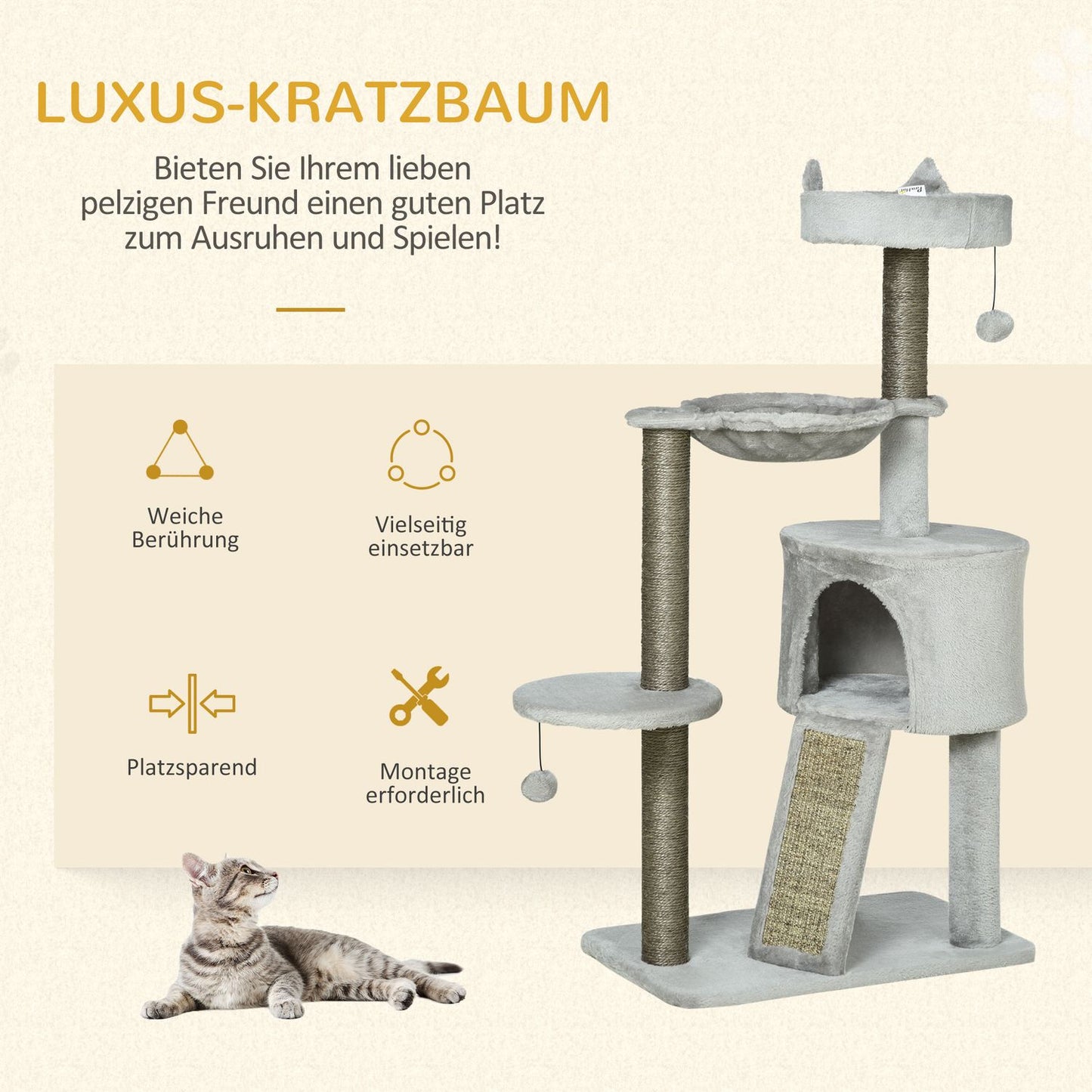 Cat scratching tree with cave & sisal, 113 cm, light grey