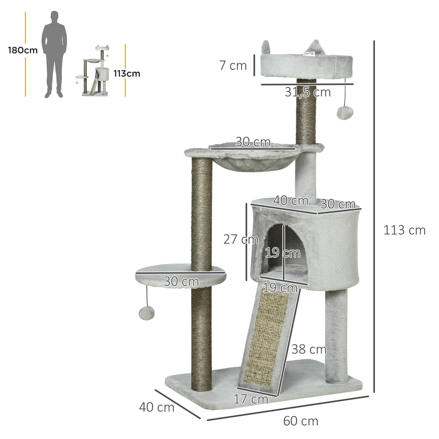 Cat scratching tree with cave & sisal, 113 cm, light grey