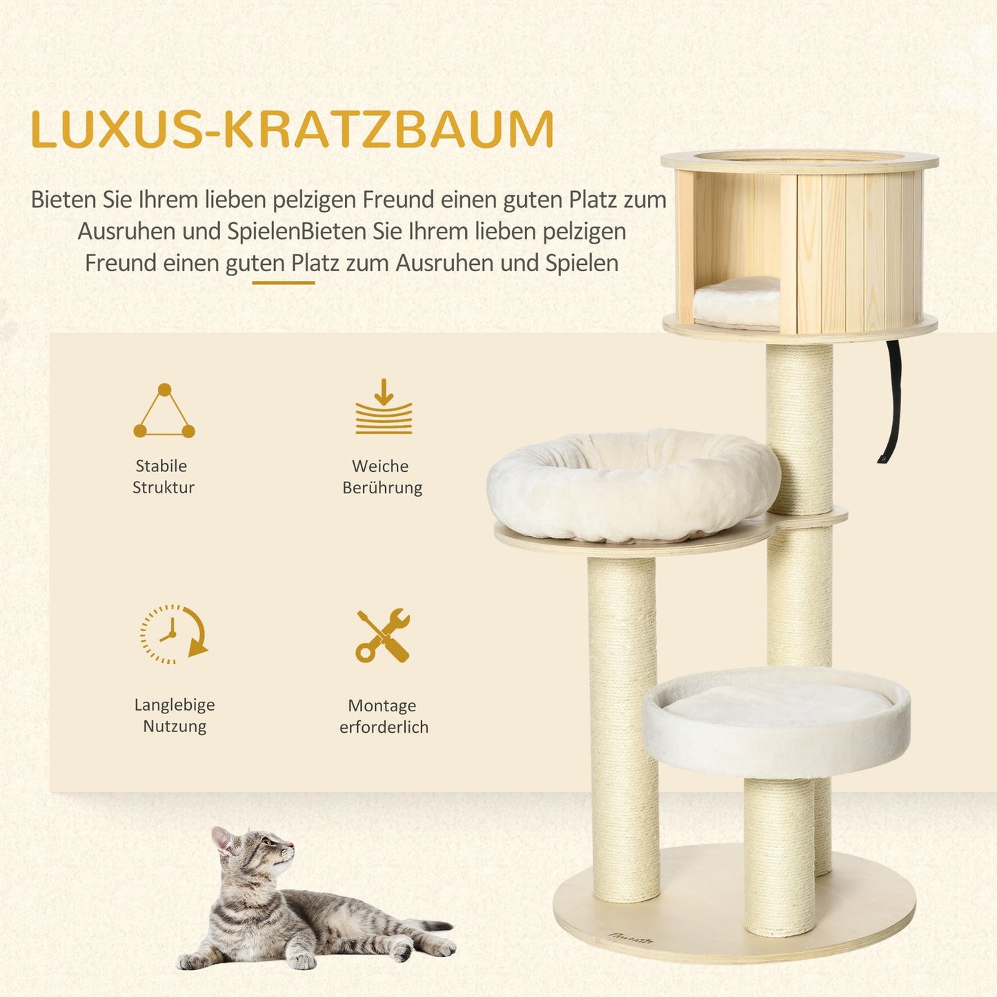Cat tree with 3 levels, cave, sisal posts, 122 cm