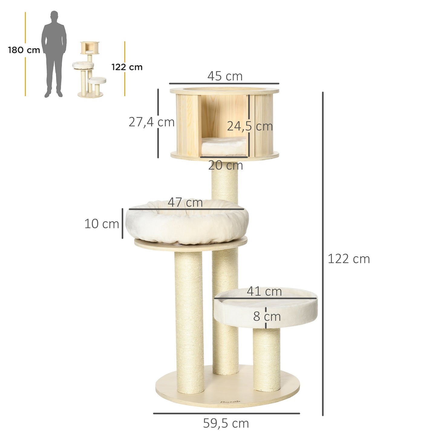 Cat tree with 3 levels, cave, sisal posts, 122 cm