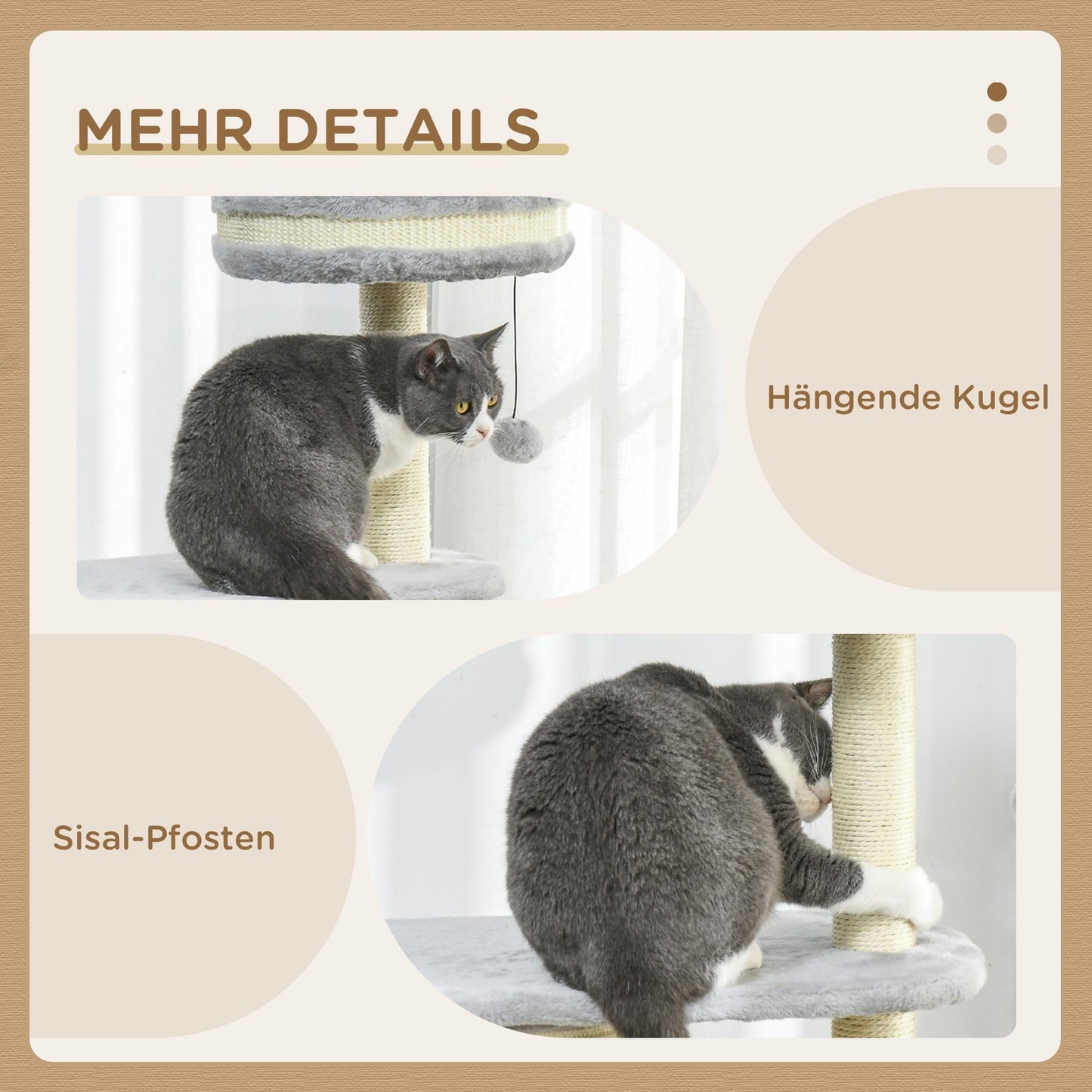 Cat Scratching Tower: 2 Caves, Rope Posts, Plush, Gray