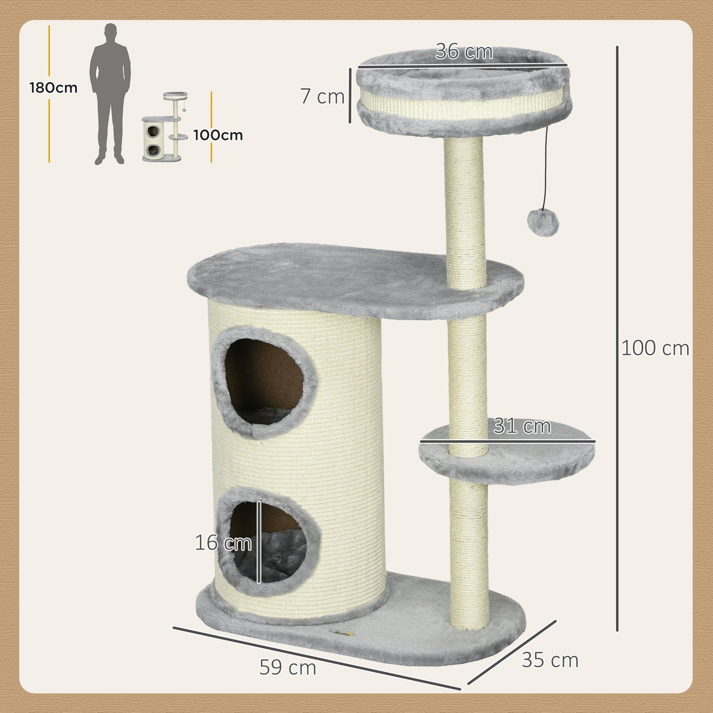 Cat Scratching Tower: 2 Caves, Rope Posts, Plush, Gray