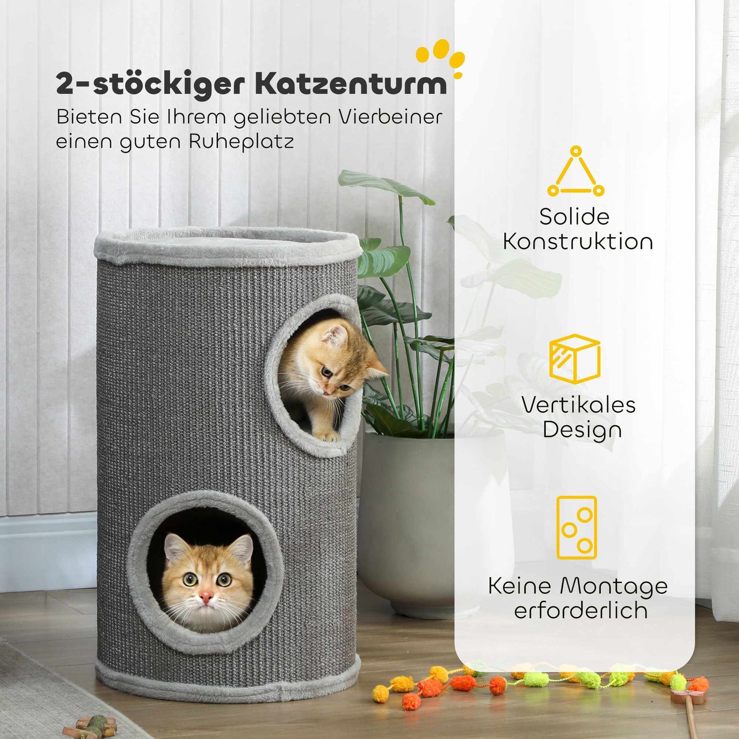 Cat Scratching Tower, 2 Levels, Sisal & Plush, Light Grey