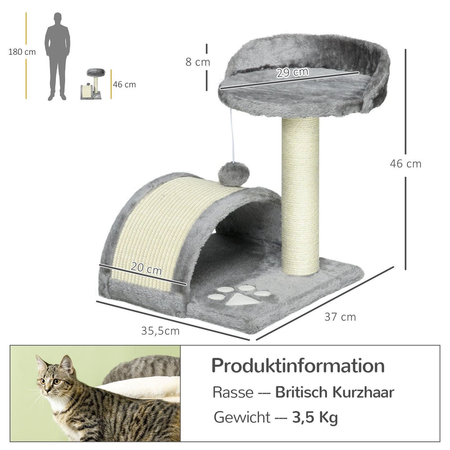 Cat Scratching Tree with Sisal and Plush, Grey, 35.5x37x46 cm