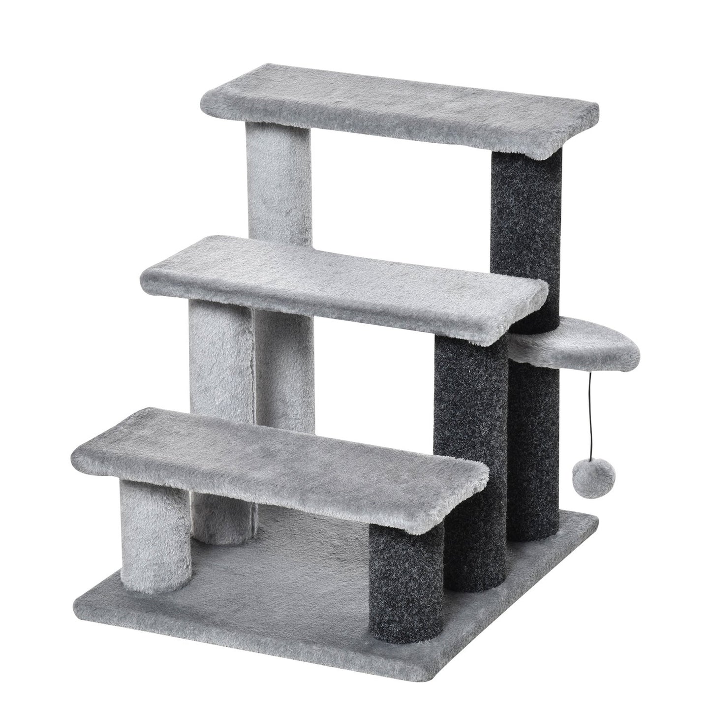 Pet stairs, 3 steps with play ball, plush gray 45x40x48cm