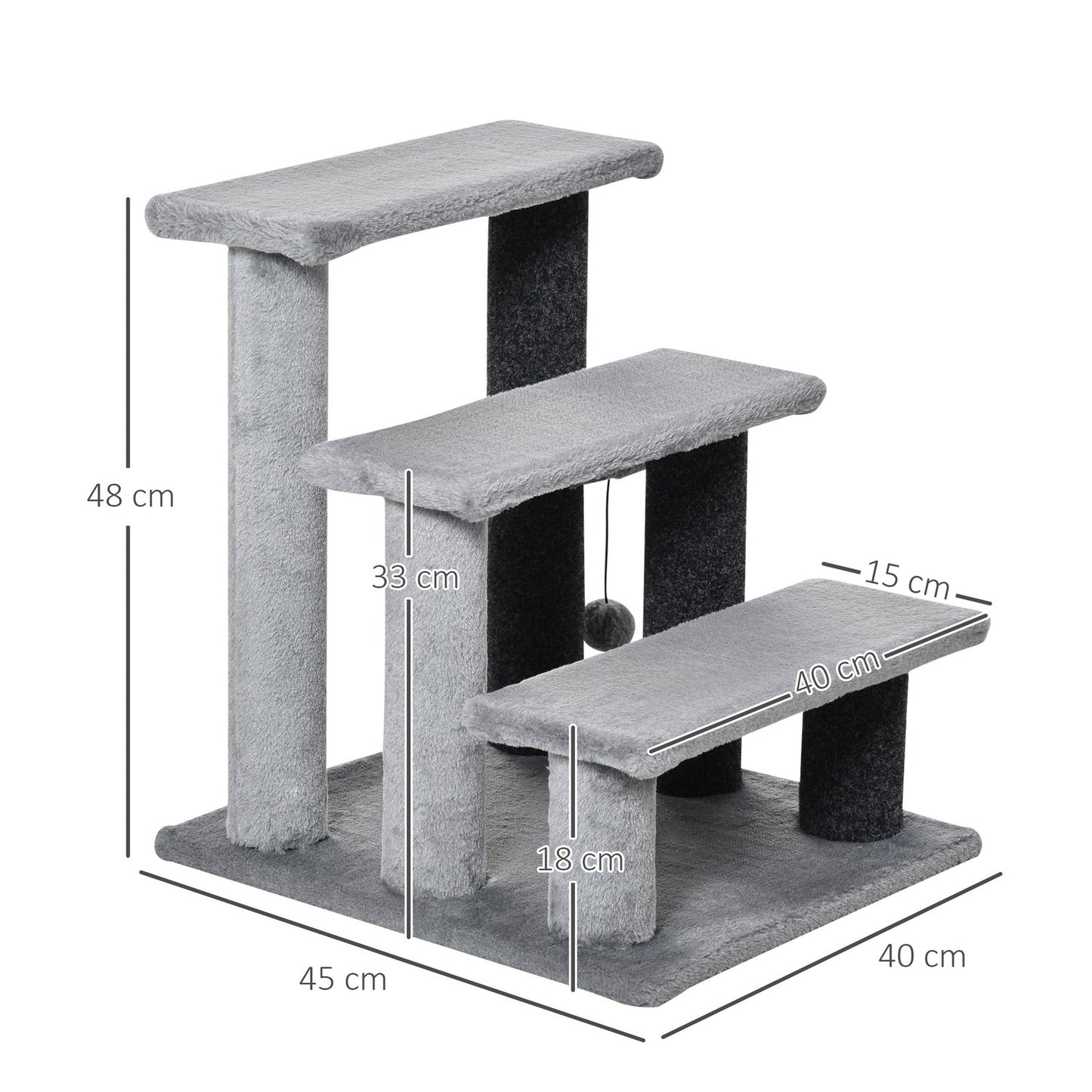 Pet stairs, 3 steps with play ball, plush gray 45x40x48cm