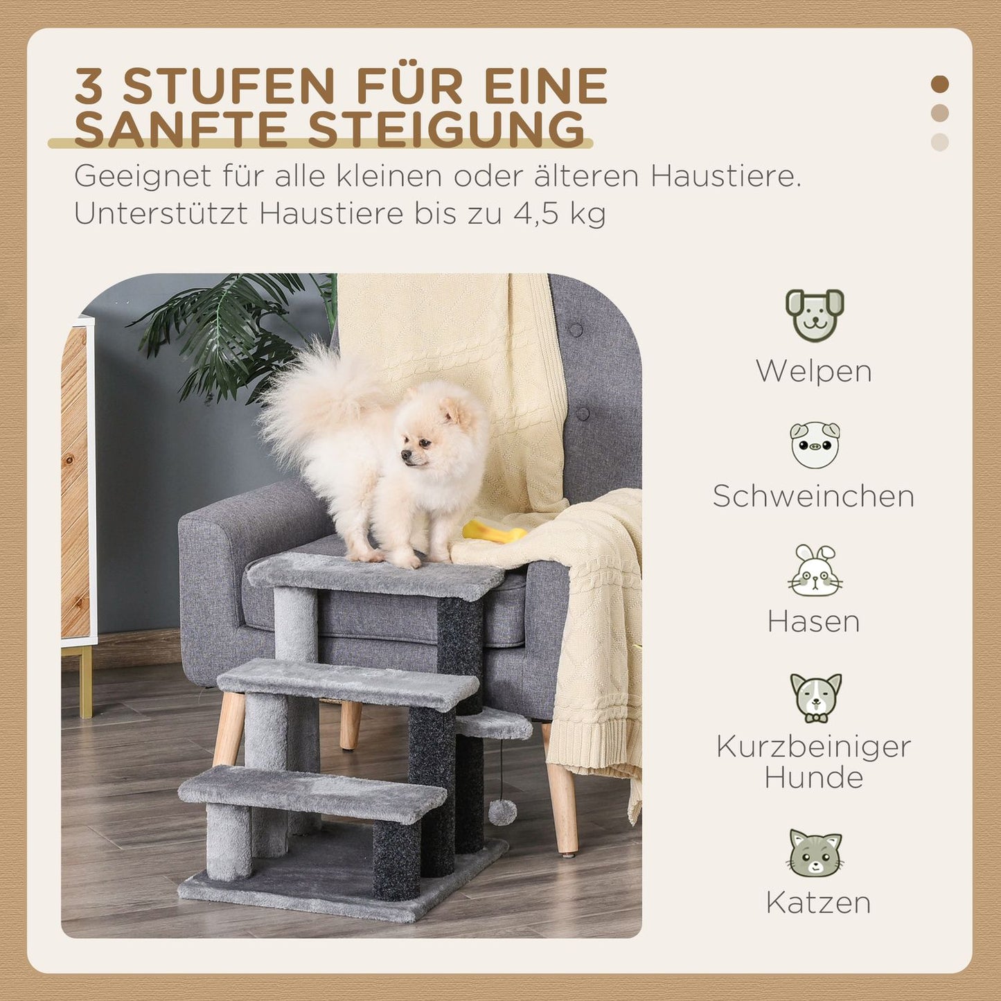 Pet stairs, 3 steps with play ball, plush gray 45x40x48cm
