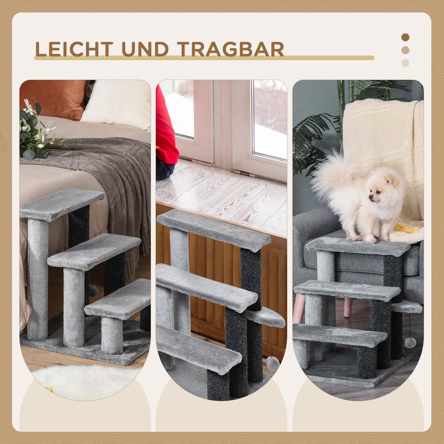 Pet stairs, 3 steps with play ball, plush gray 45x40x48cm