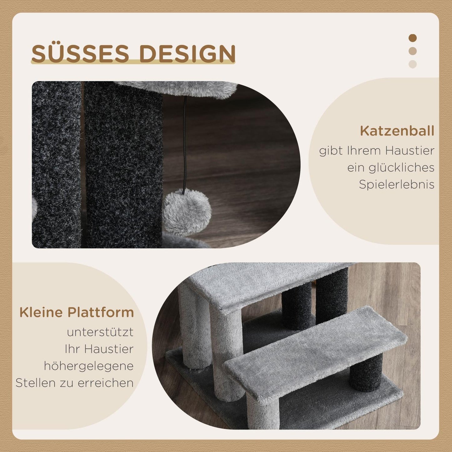 Pet stairs, 3 steps with play ball, plush gray 45x40x48cm