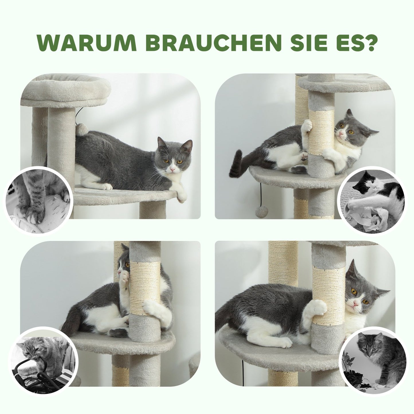 Cat Tower 114 cm, Sisal Posts, Multi-Level, Light Grey