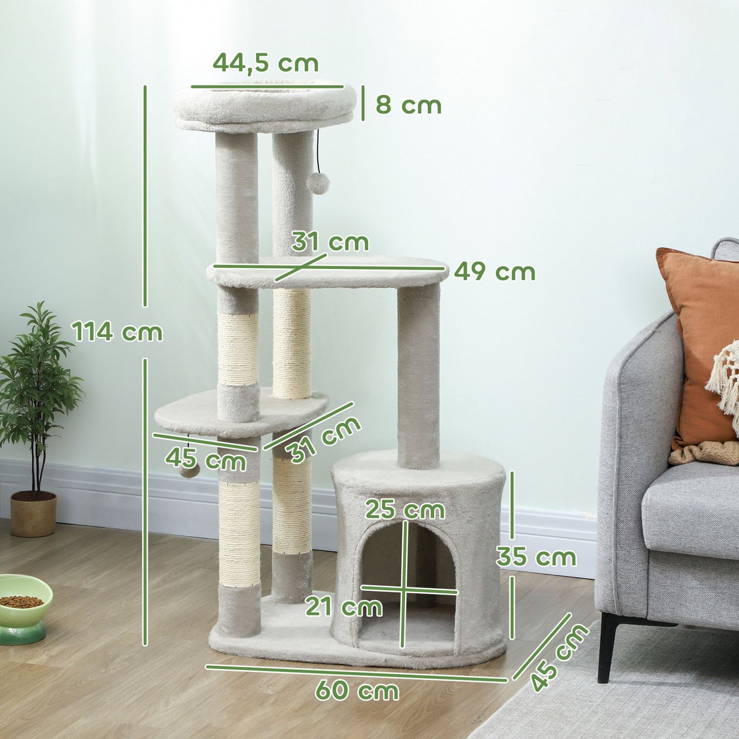 Cat Tower 114 cm, Sisal Posts, Multi-Level, Light Grey