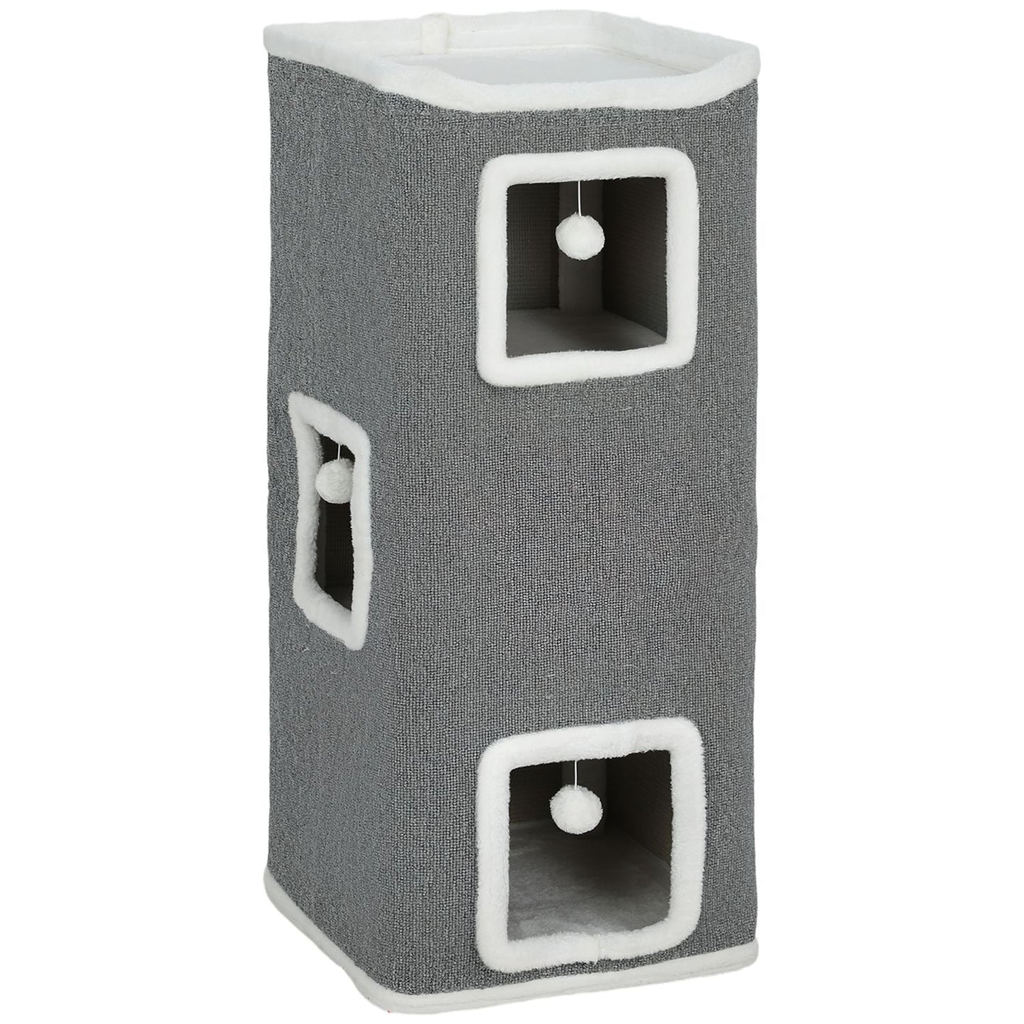 Cat Tower with 3 Caves, Gray, Chipboard, Play Balls