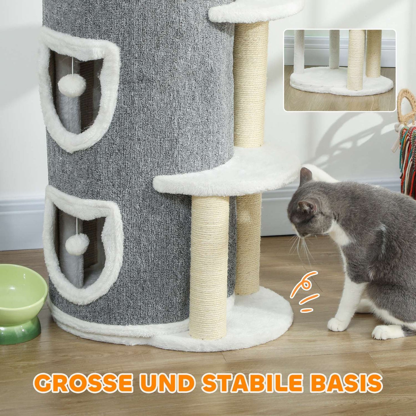 Cat Tower with 3 Levels, Sisal Posts, Gray, 101 cm