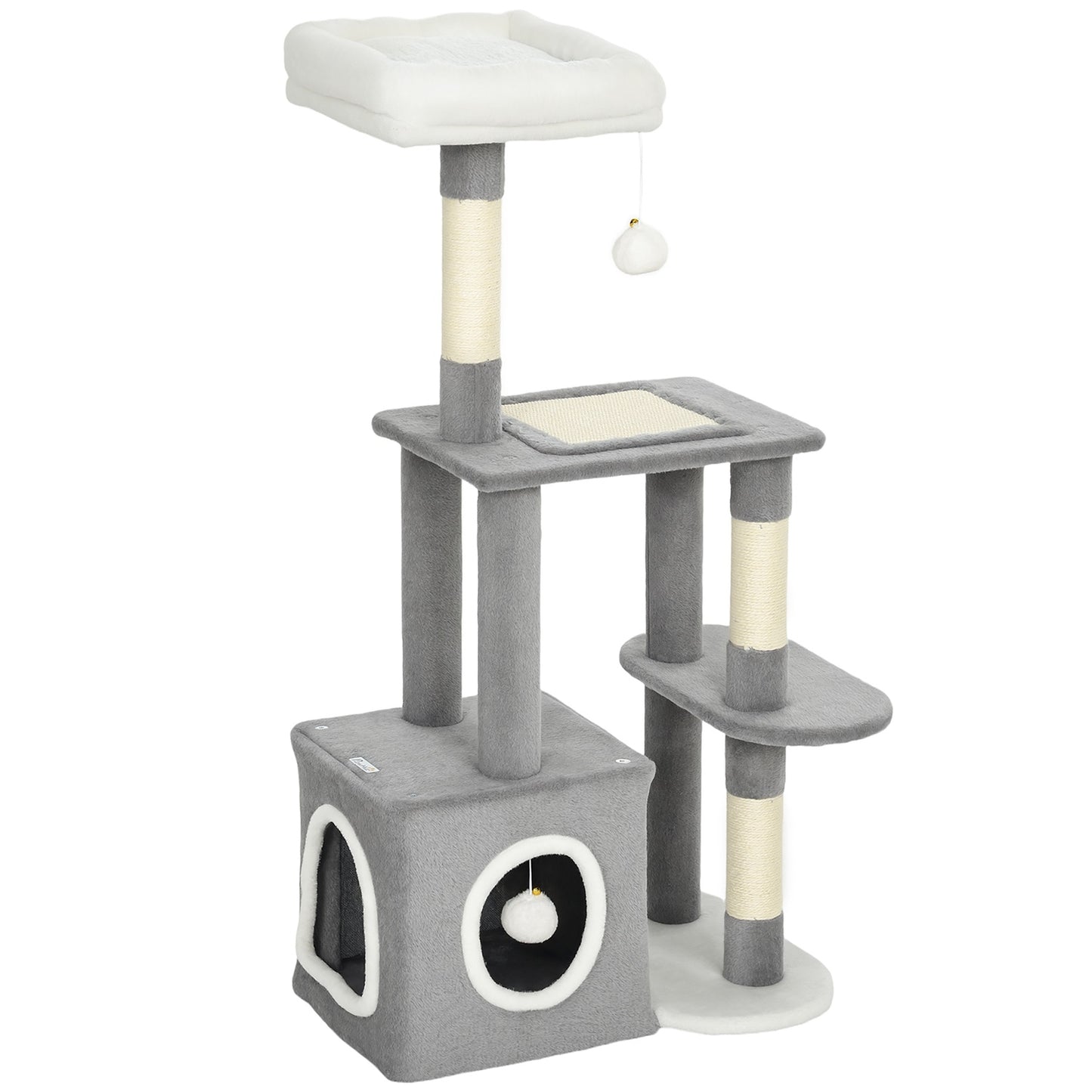 Cat Tower with Cave, Sisal Posts, Plush Balls, 107 cm, Gray