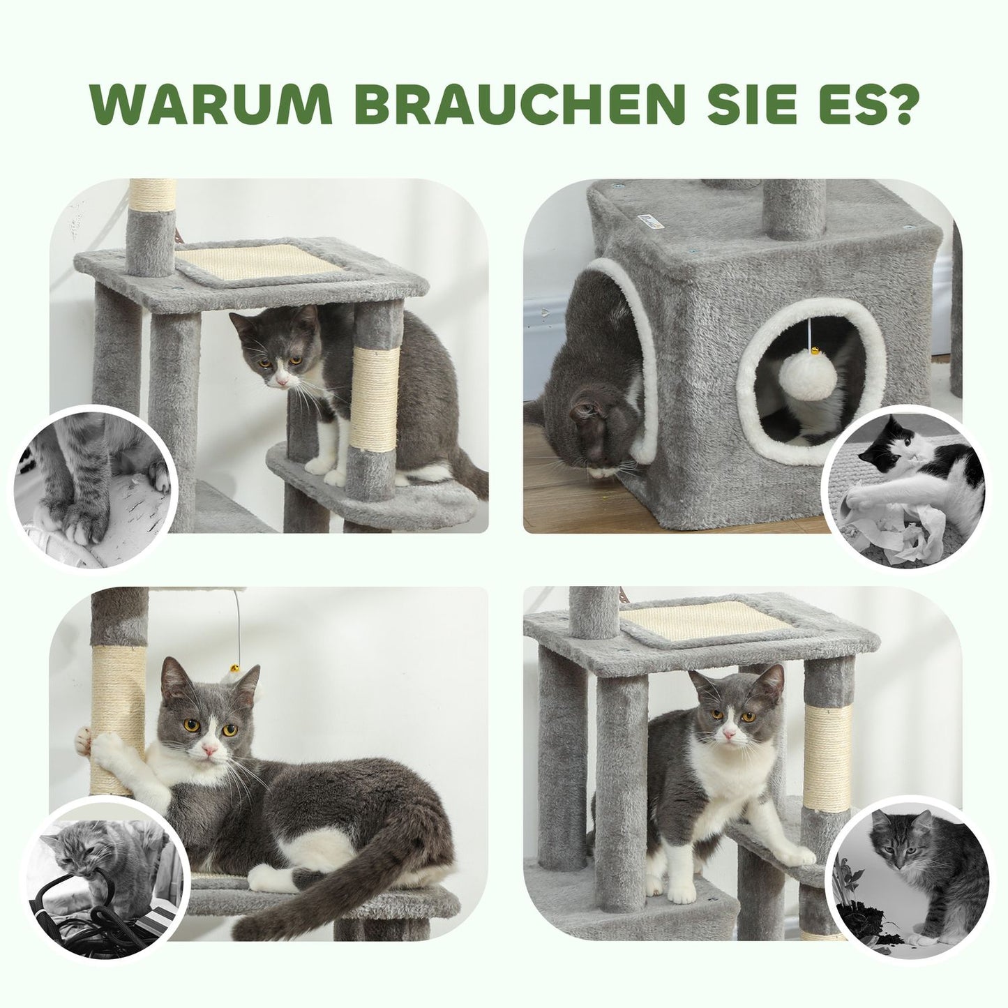 Cat Tower with Cave, Sisal Posts, Plush Balls, 107 cm, Gray