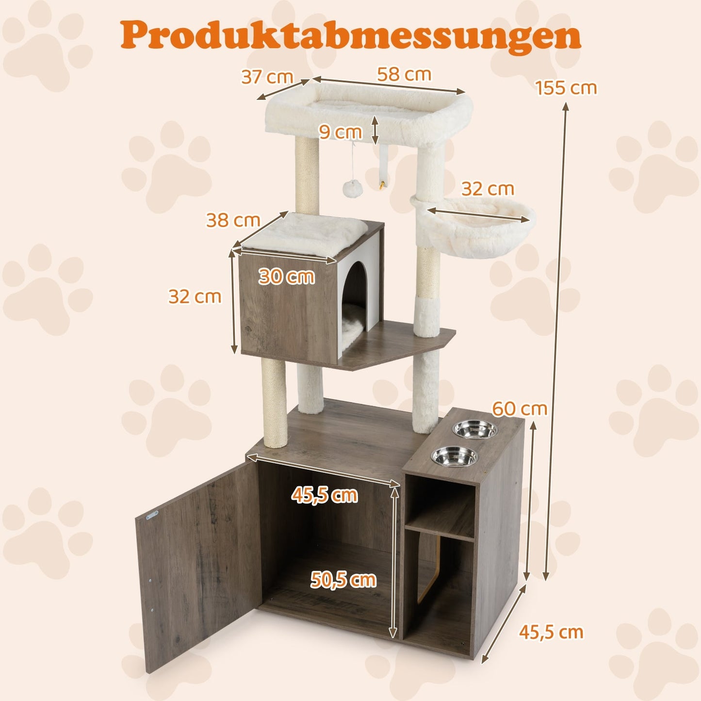 Cat Tower with Sisal Post, Litter Box, Hanging Ball