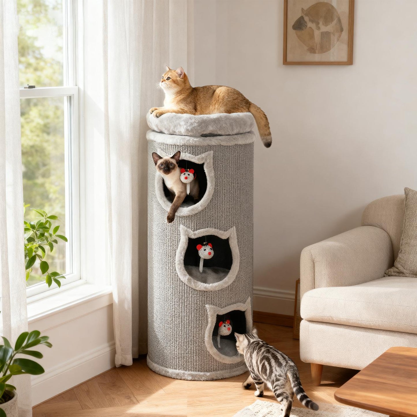 Cat Tower with Washable Bed, 96 cm, 3 Hideouts, Grey