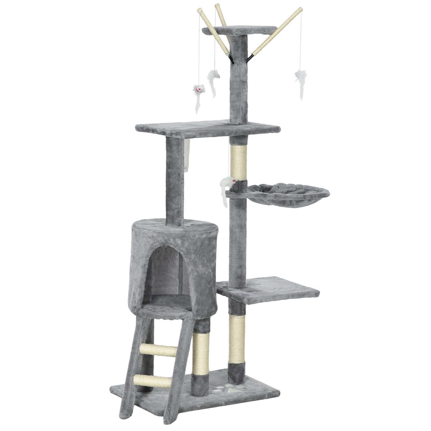 Tall cat tree with scratching post and toys, grey/white