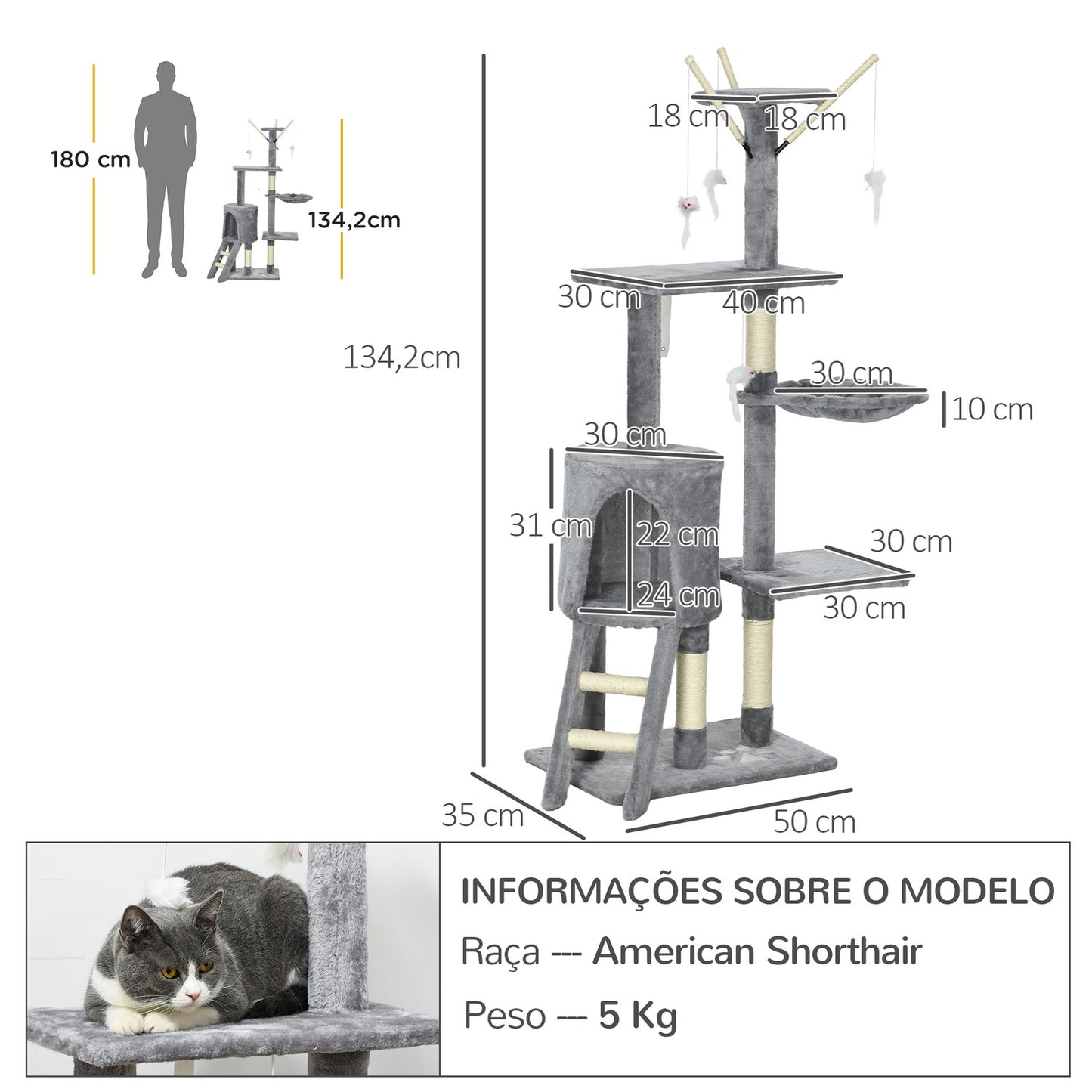 Tall cat tree with scratching post and toys, grey/white