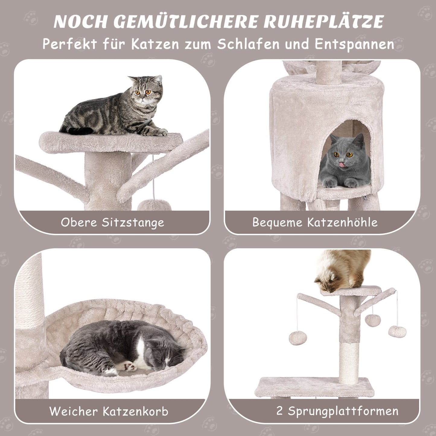 Cat Tree 140 cm with Platforms, Sisal Posts, Beige