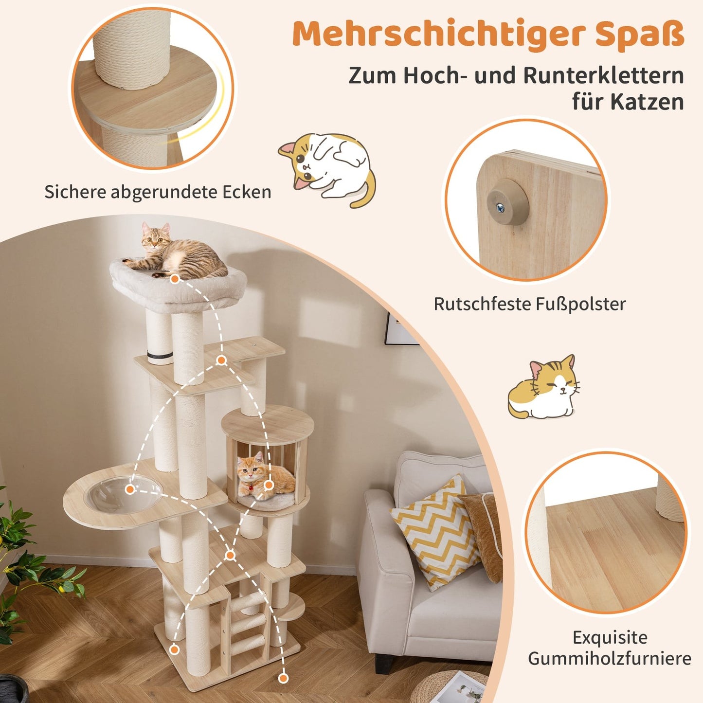 Cat Tree 185 cm with Thick Posts, Hideaway & Capsule